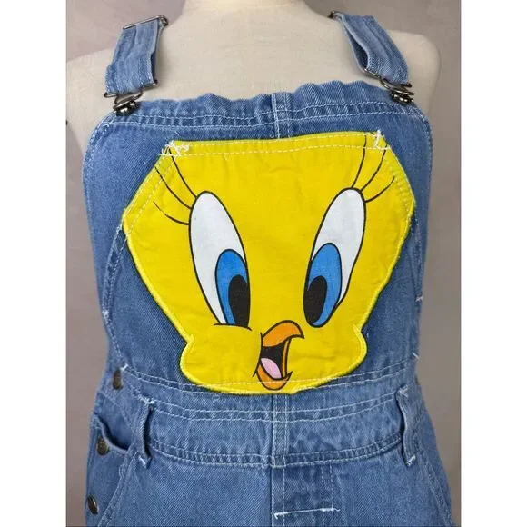 Vintage 90s Tweety Bird Jean Overalls Looney Tunes Size Small 100% Cotton - Picture 2 of 10